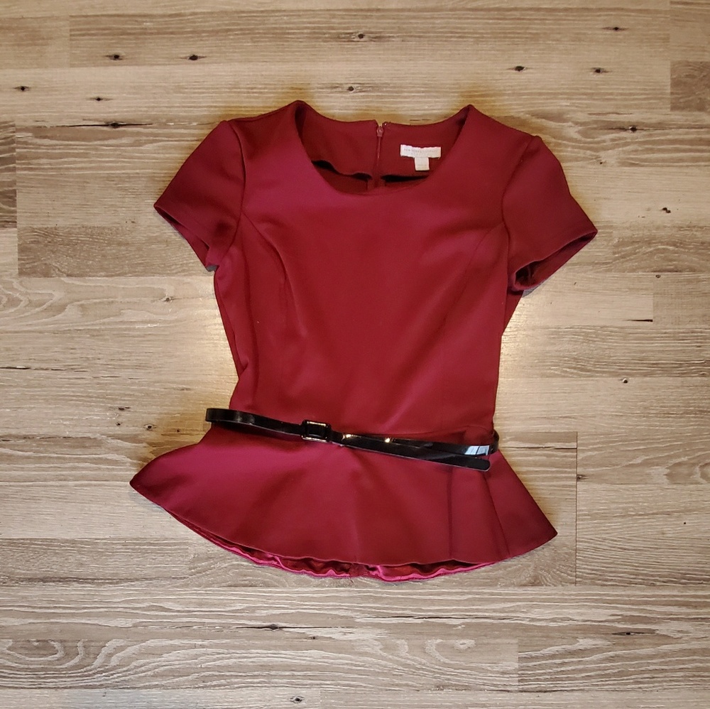 Wine Colored Peplum Cap Sleeve Top With Belt